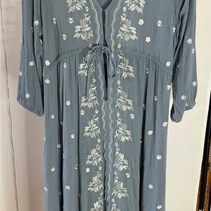 Free People Blue Midi Dress with White Floral Embroidery